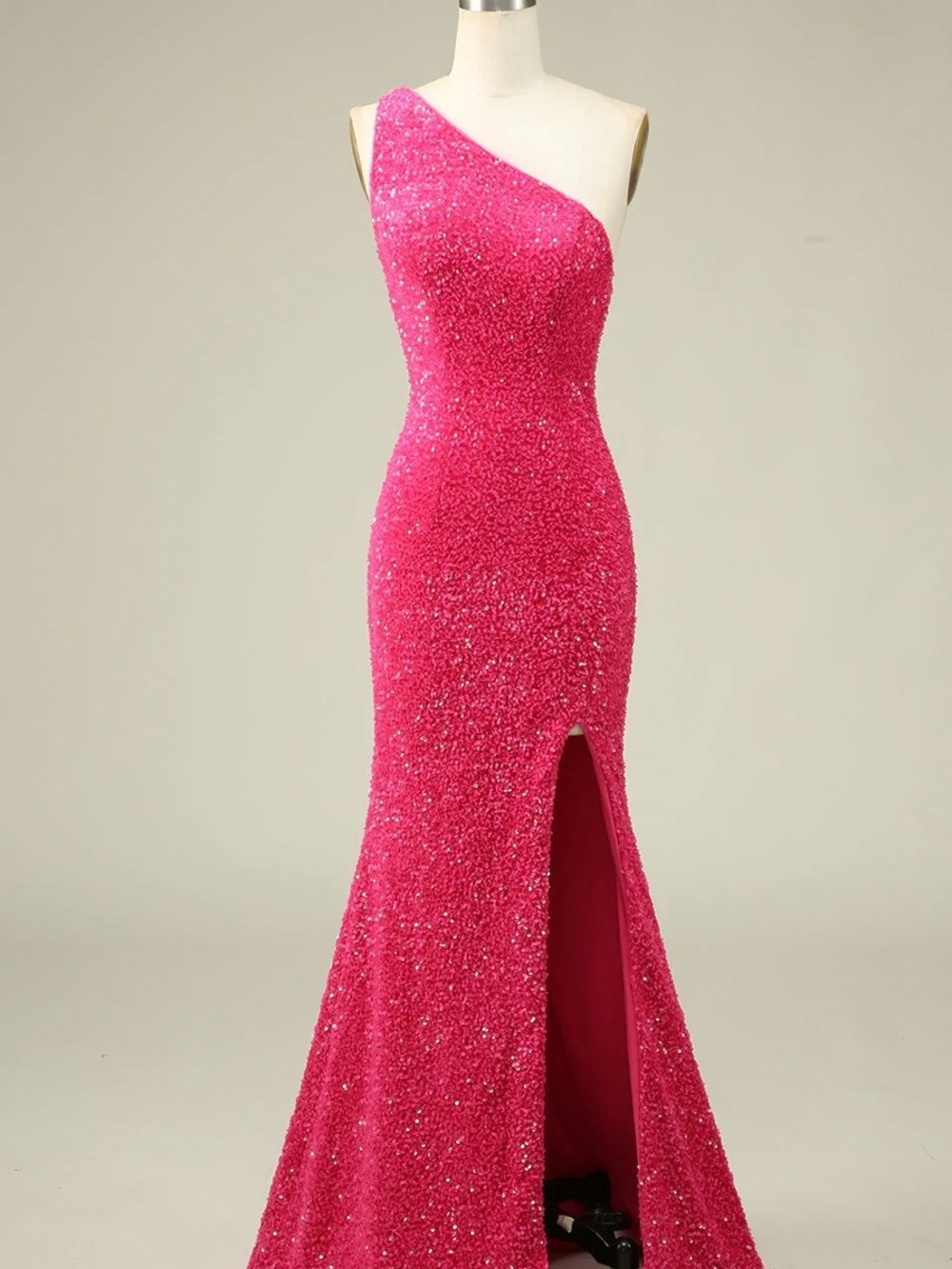 Fuchsia One-Shoulder Sequin Evening Gown